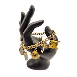 Vintage Misc Charm Bracelet, Praying hands, Keys, Glass